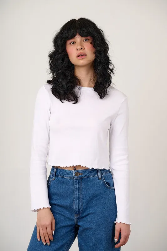 Hansel - Long Sleeve Cotton Crop Top in White made by Lucy & Yak