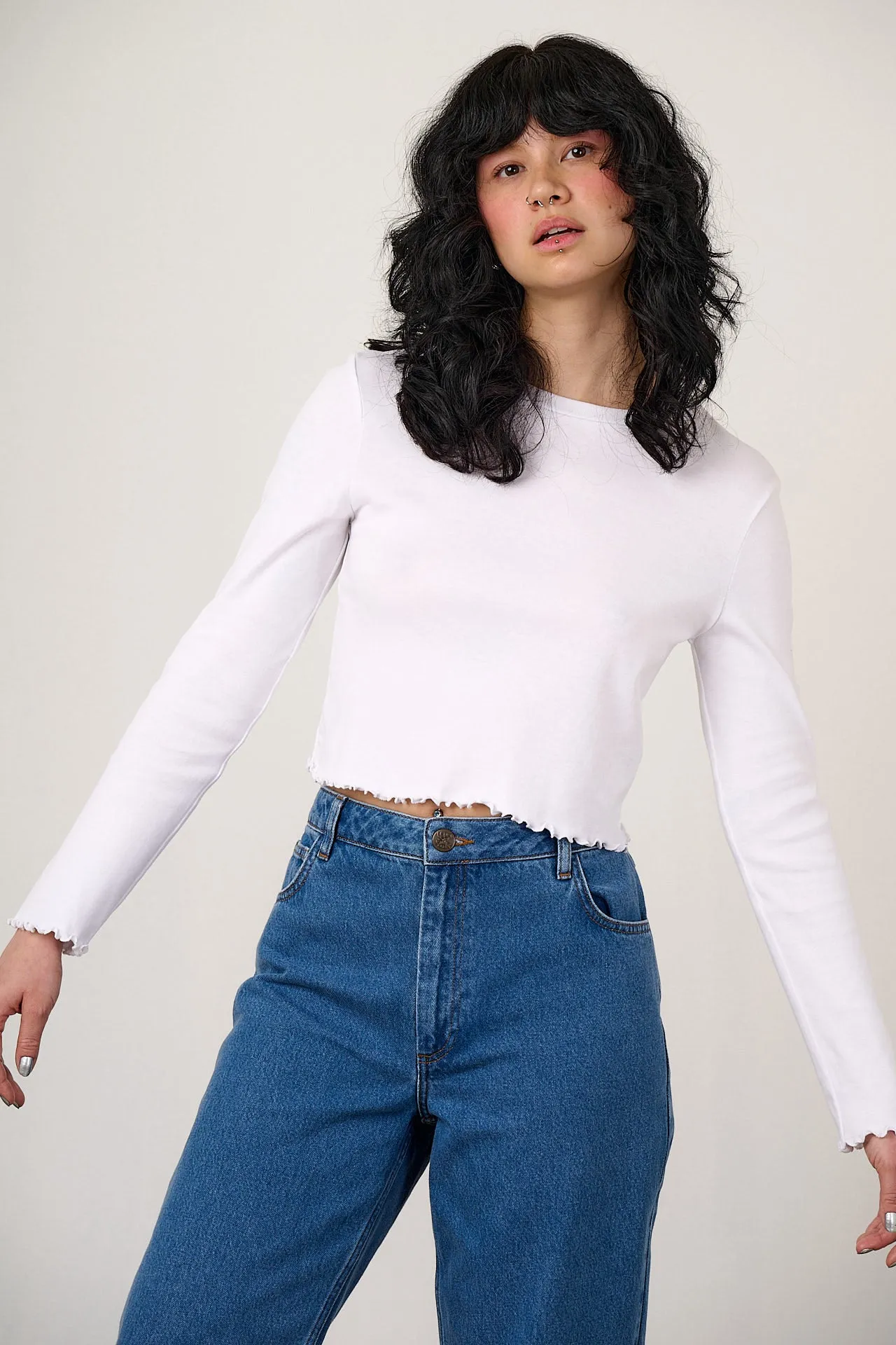 Hansel - Long Sleeve Cotton Crop Top in White sold by Lucy & Yak product image thumbnail 5