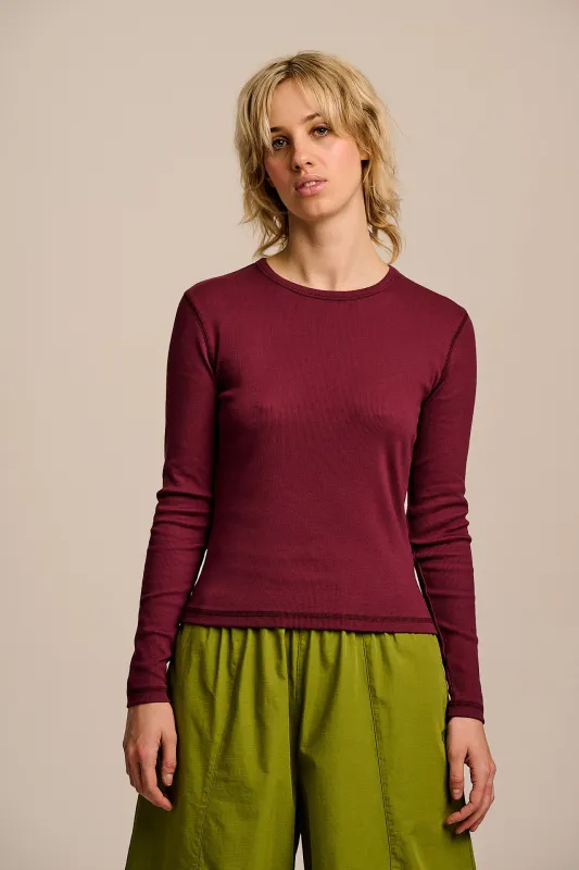 Grayson - Long Sleeve Cotton Jersey Top in Wine sold by Lucy & Yak