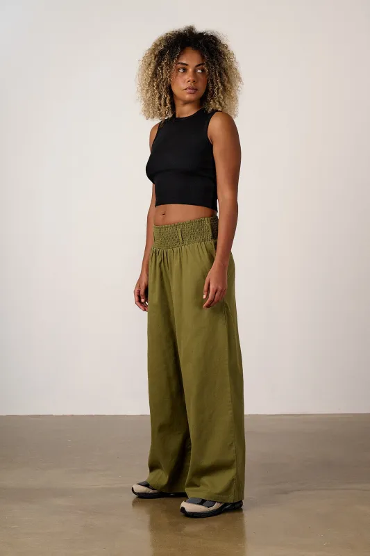 Alex - Wide Leg Cotton Trousers in Khaki sold by Lucy & Yak