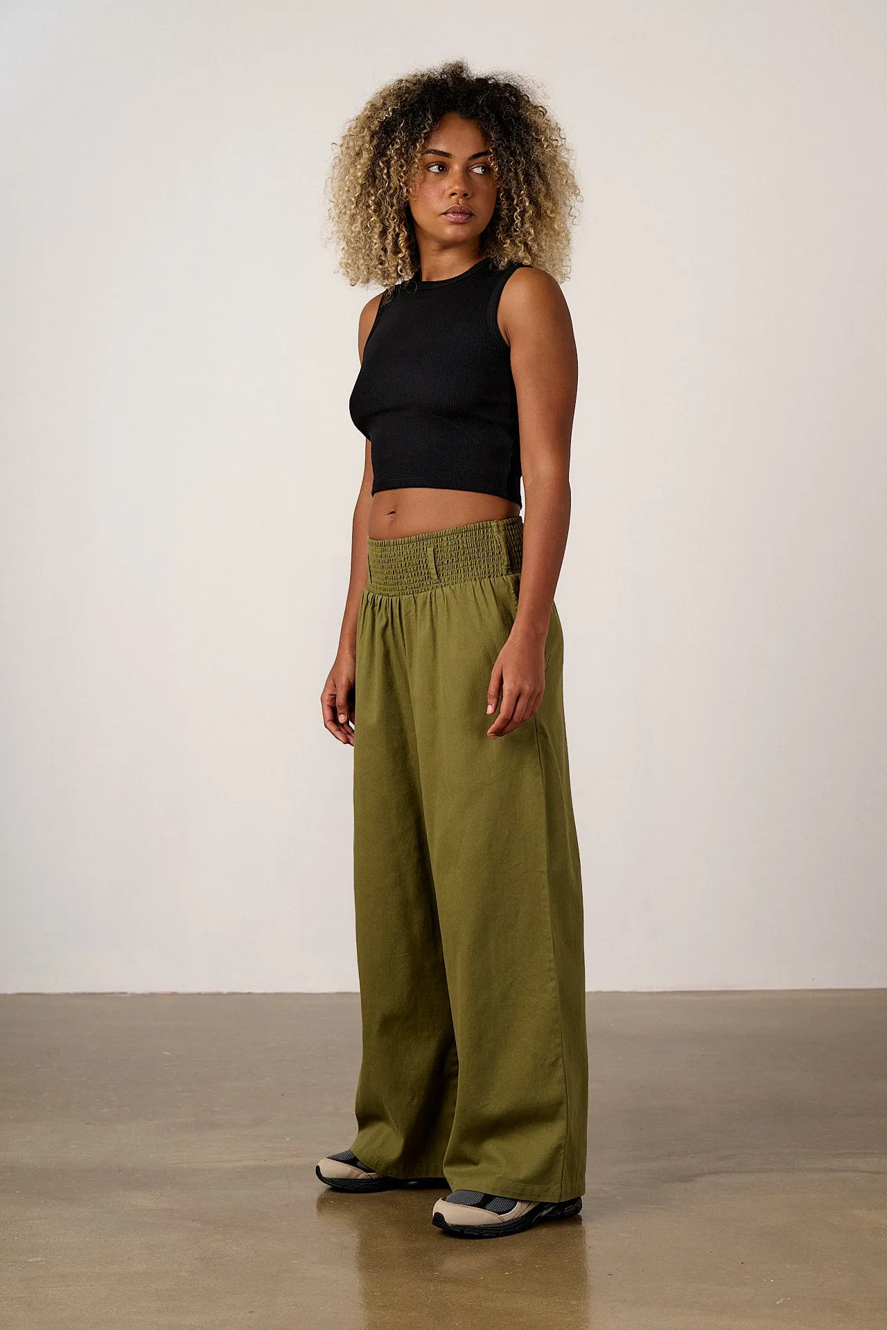 Alex - Wide Leg Cotton Trousers in Khaki sold by Lucy & Yak