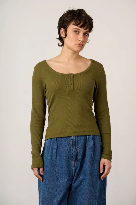 Lana - Cotton Long Sleeve Rib Top in Khaki made by Lucy & Yak
