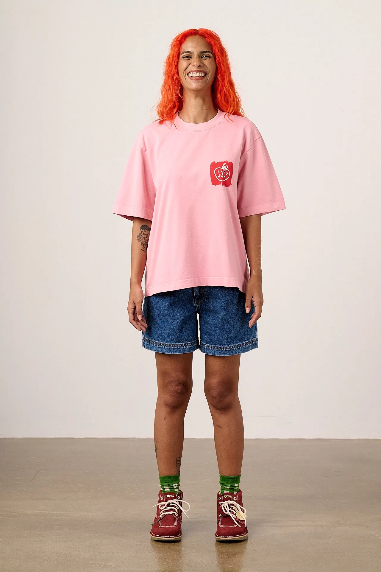 Noa - Cotton Heavyweight Boxy T-Shirt in Washed Pink & Red Blurred Checkerboard sold by Lucy & Yak product image thumbnail 4