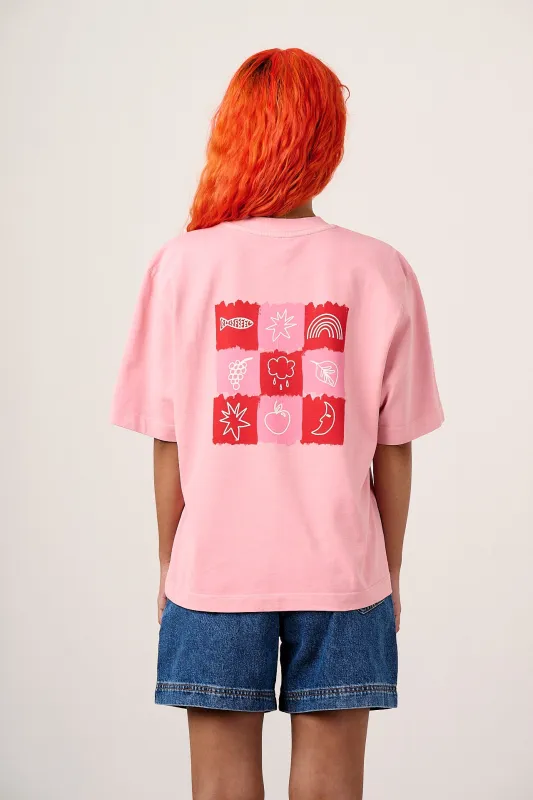 Noa - Cotton Heavyweight Boxy T-Shirt in Washed Pink & Red Blurred Checkerboard sold by Lucy & Yak