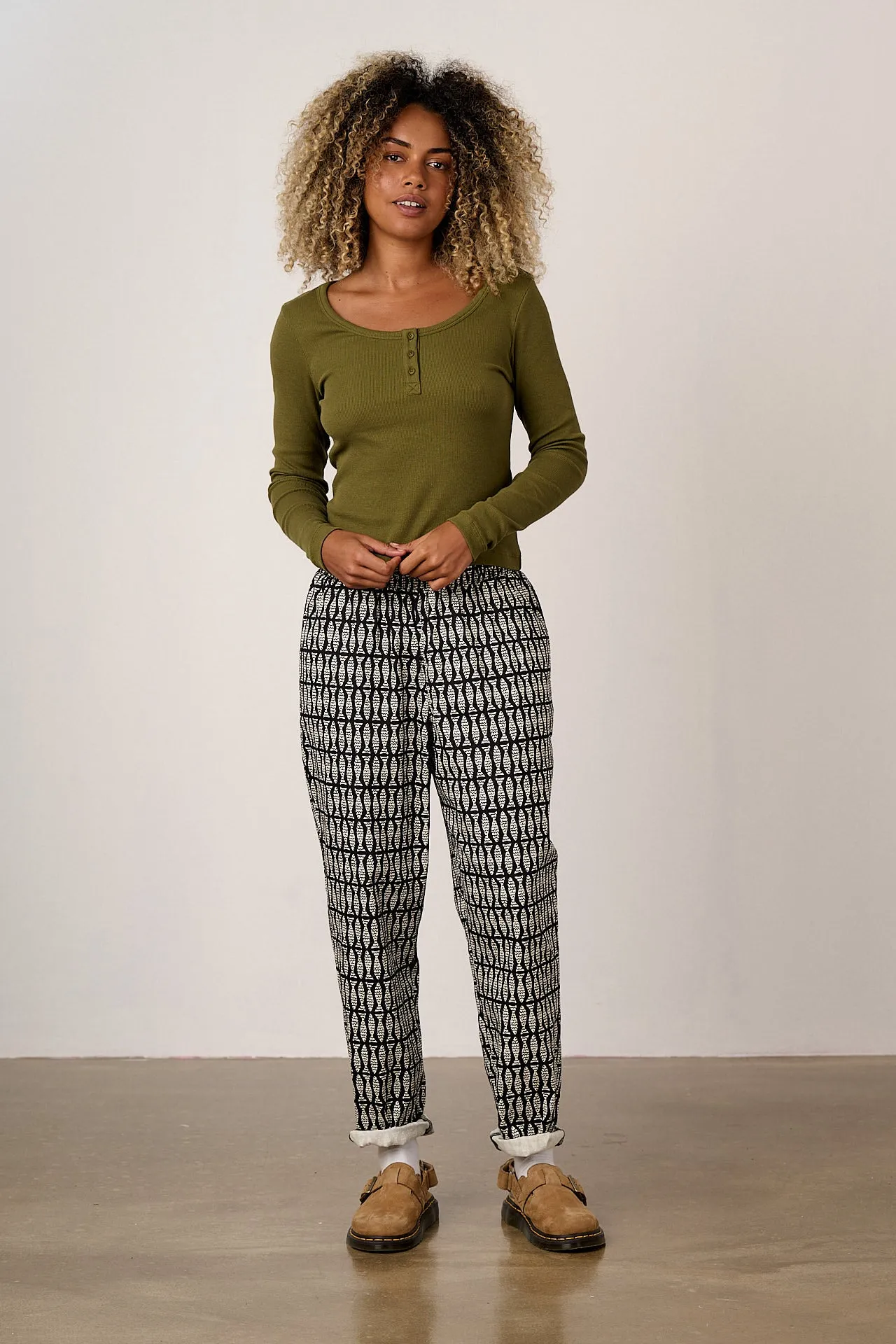 Alexa - Cotton Trousers in Black & White Minnow Print sold by Lucy & Yak