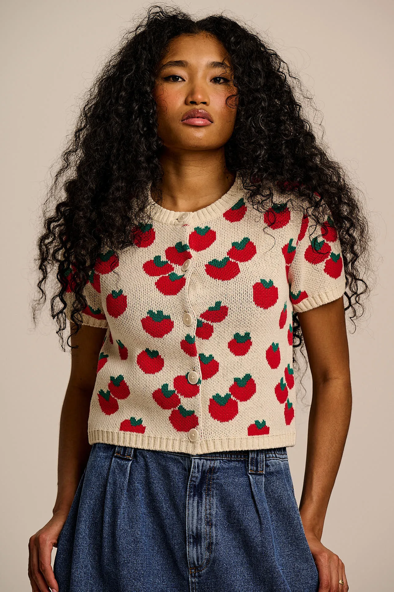 Lizzie - Cotton Short Sleeve Knitted Cardigan in Tomatoes sold by Lucy & Yak product image thumbnail 2