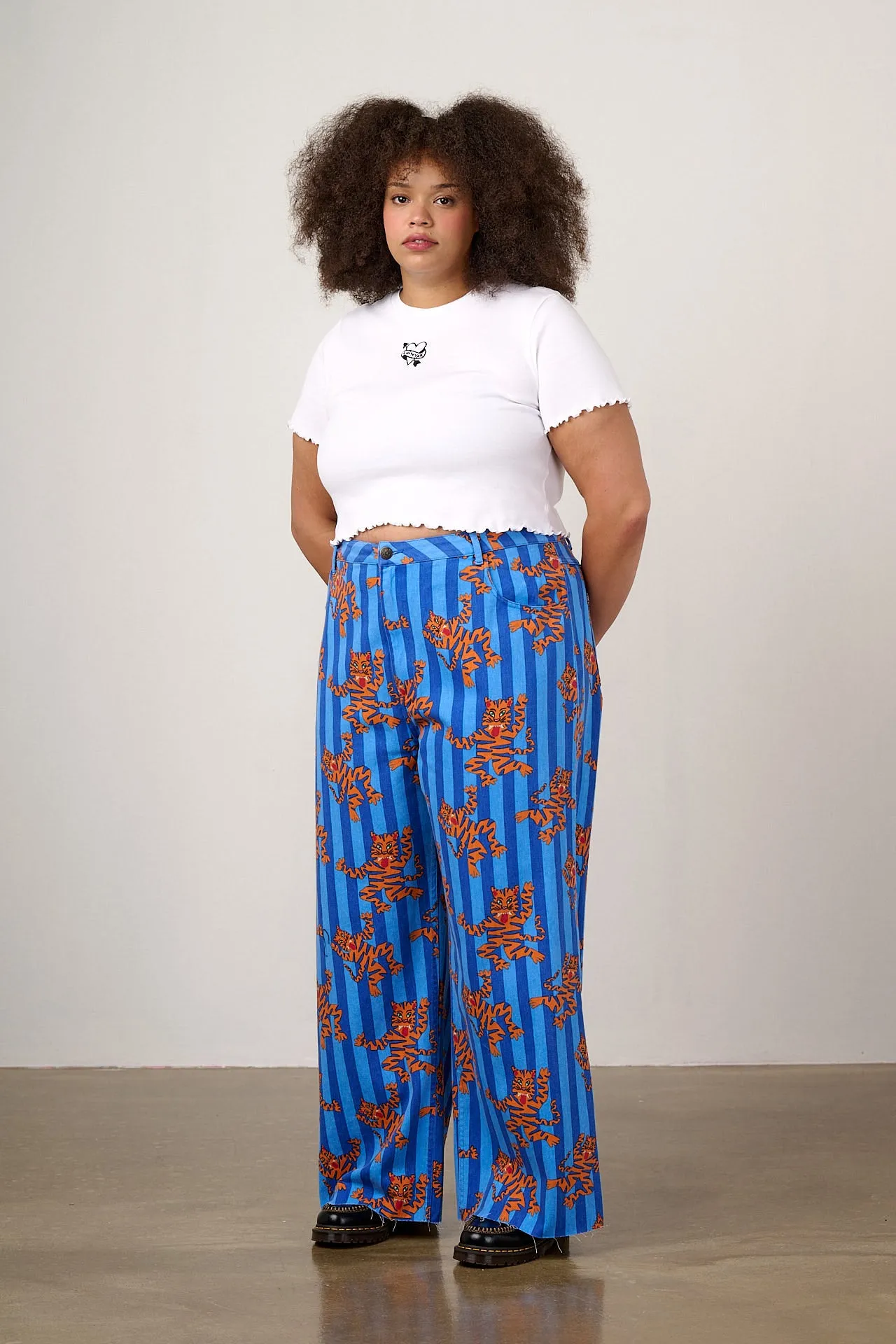 Carter - High Waisted Cotton Trousers in Blue Tiger Stripe sold by Lucy & Yak product image thumbnail 4