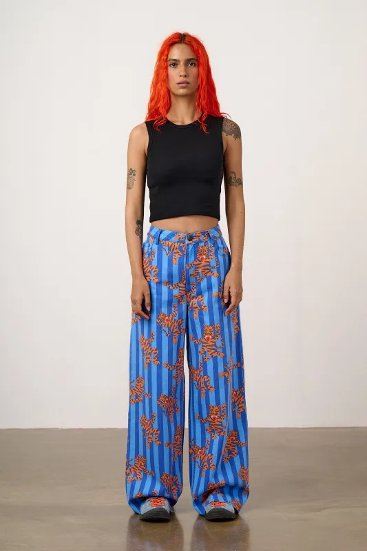 Carter - High Waisted Cotton Trousers in Blue Tiger Stripe made by Lucy & Yak