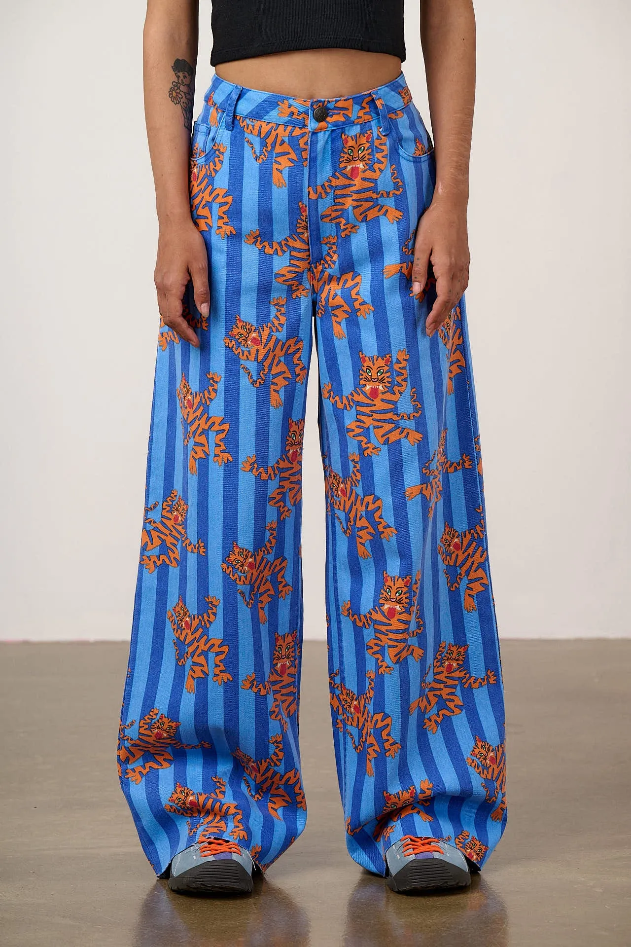 Carter - High Waisted Cotton Trousers in Blue Tiger Stripe sold by Lucy & Yak product image thumbnail 2