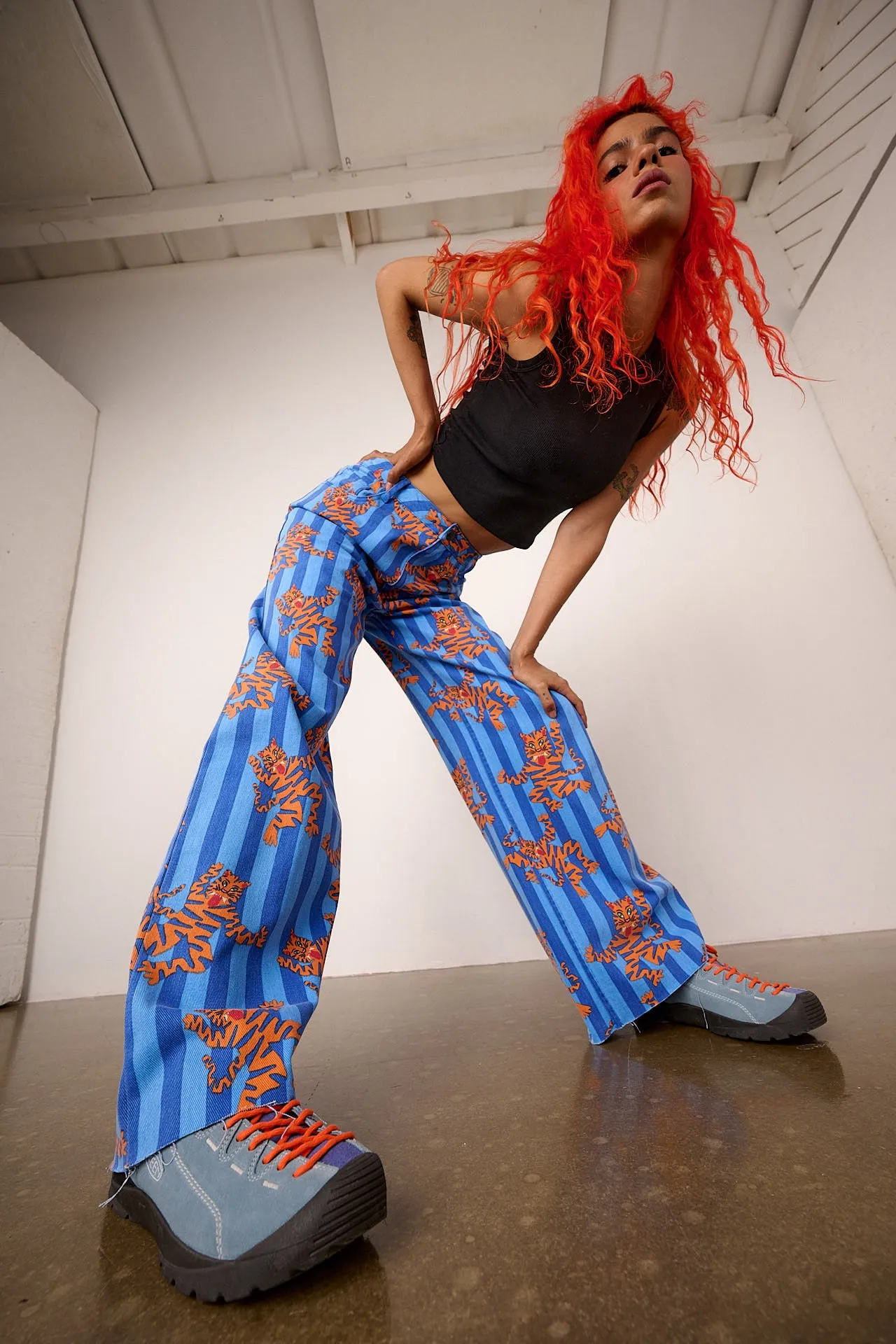 Carter - High Waisted Cotton Trousers in Blue Tiger Stripe sold by Lucy & Yak product image thumbnail 3