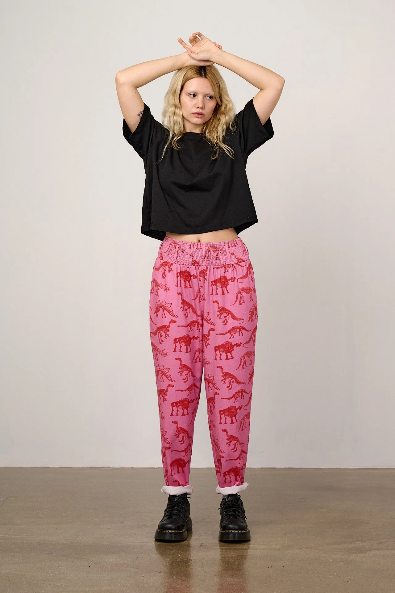 L.E. Alexa - Cotton Trousers in Pink Dinosaur Natural History Museum & Yak sold by Lucy & Yak product image thumbnail 2