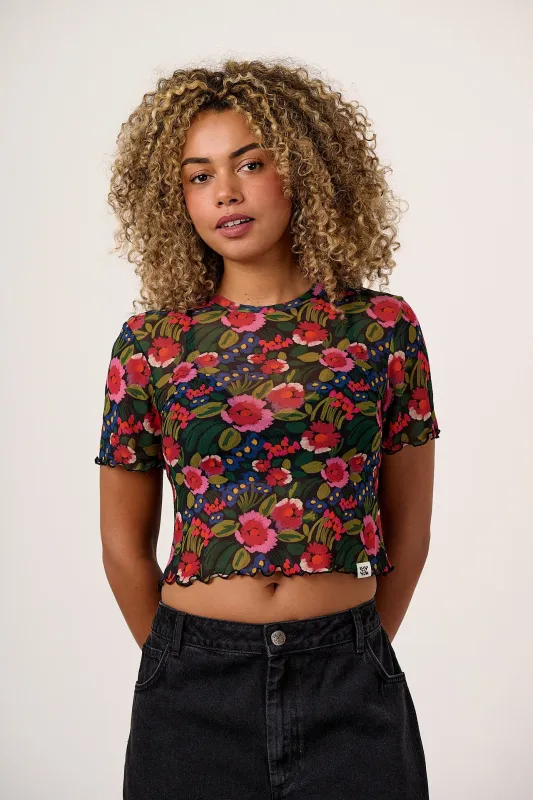 Greta - Cropped Mesh Top in Black Marie Print made by Lucy & Yak