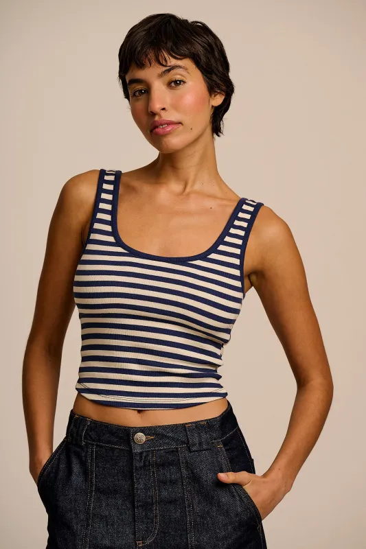 Eden - Cotton Ribbed Vest in Navy & Ecru Stripe made by Lucy & Yak