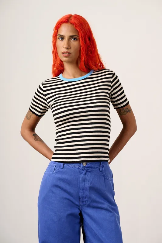 Gracie - Cotton T-Shirt in Black & White Stripe made by Lucy & Yak