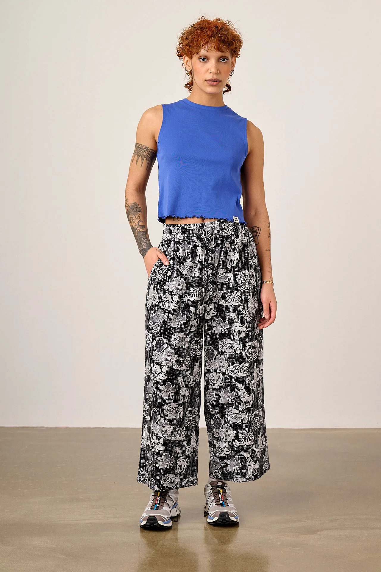 L.E Chuck - Wide Leg Cotton Trousers in Black & White Arthouse & Yak sold by Lucy & Yak
