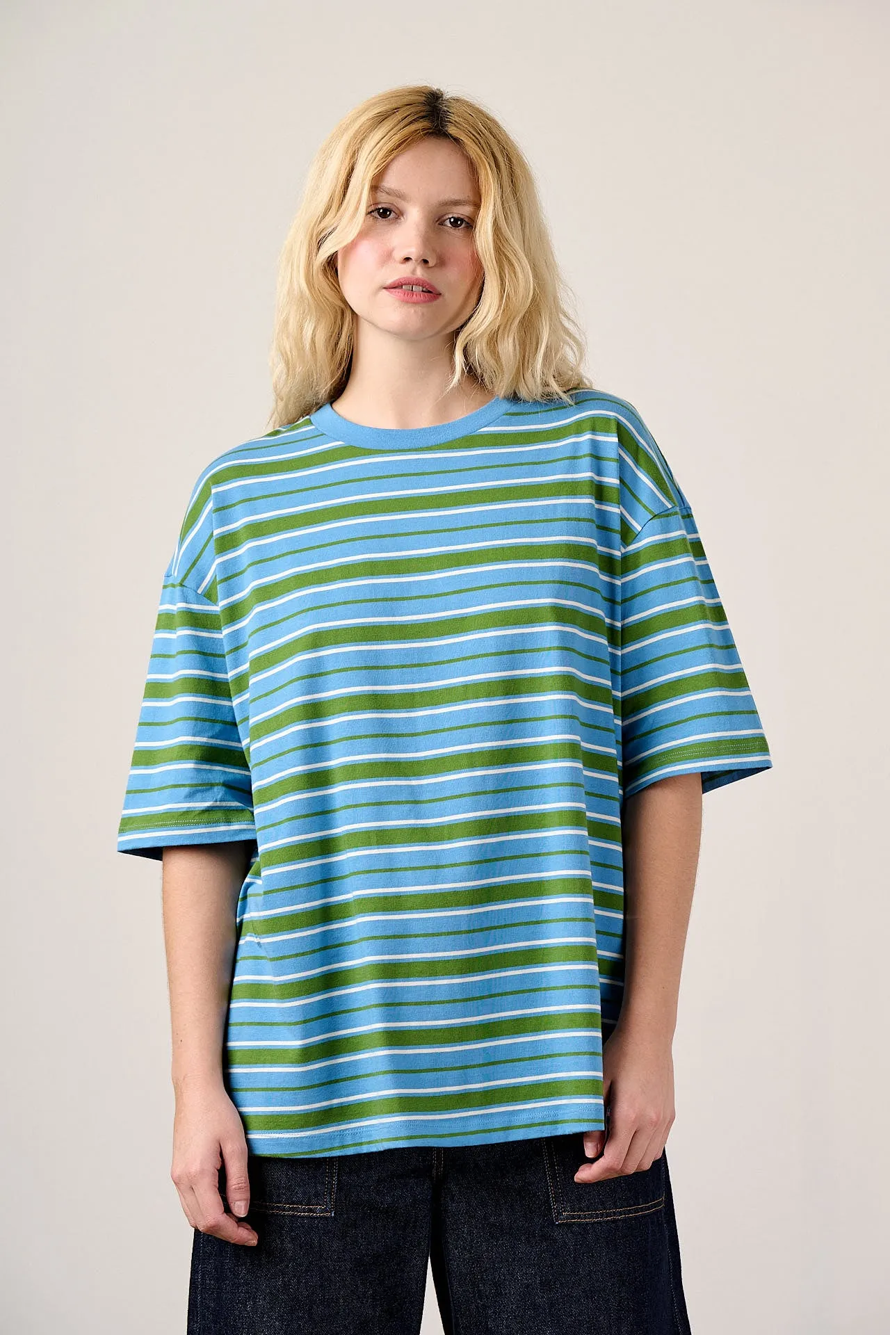 Benny - Oversized Cotton T-Shirt in Green & Blue Stripe sold by Lucy & Yak product image thumbnail 5