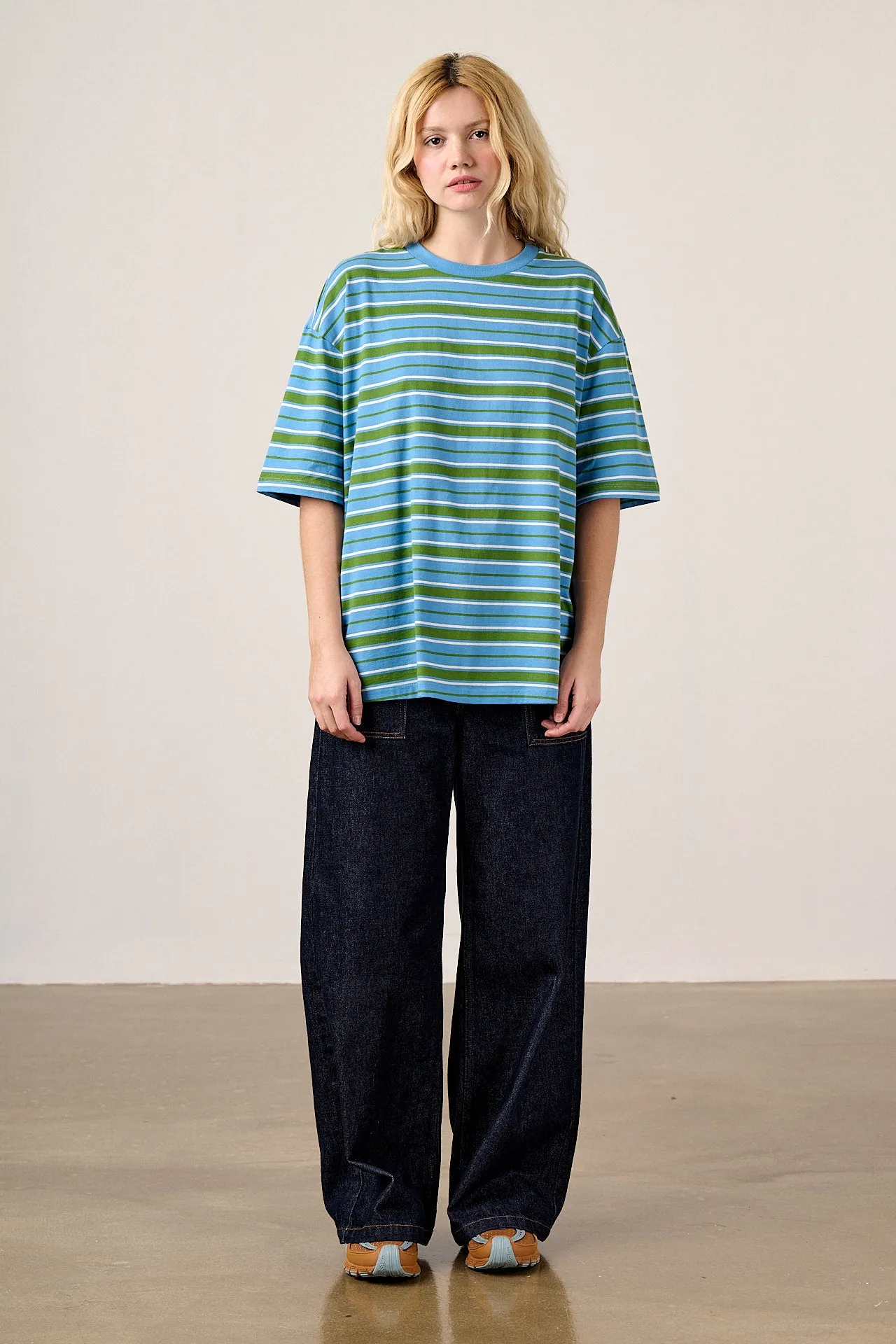 Benny - Oversized Cotton T-Shirt in Green & Blue Stripe sold by Lucy & Yak product image thumbnail 4