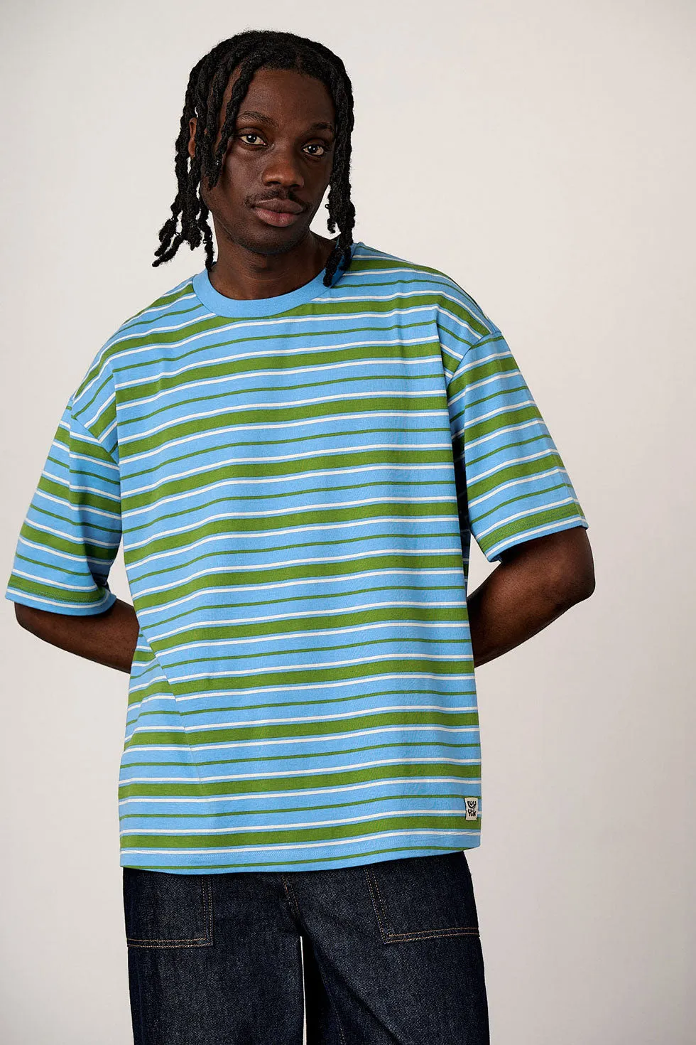 Benny - Oversized Cotton T-Shirt in Green & Blue Stripe sold by Lucy & Yak