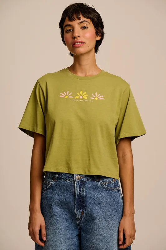 L.E Zayla - Cropped Boxy T-Shirt in Khaki Graphics and Grain Artist & Yak made by Lucy & Yak