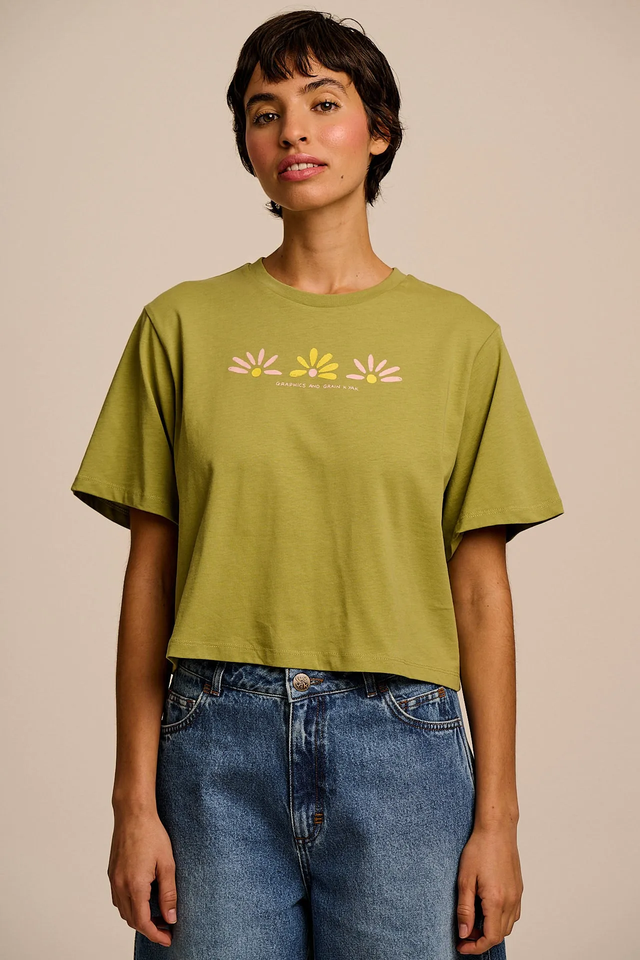 L.E Zayla - Cropped Boxy T-Shirt in Khaki Graphics and Grain Artist & Yak sold by Lucy & Yak