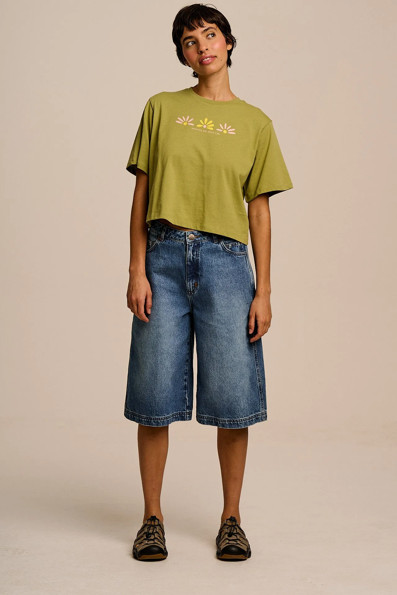 L.E Zayla - Cropped Boxy T-Shirt in Khaki Graphics and Grain Artist & Yak sold by Lucy & Yak product image thumbnail 3