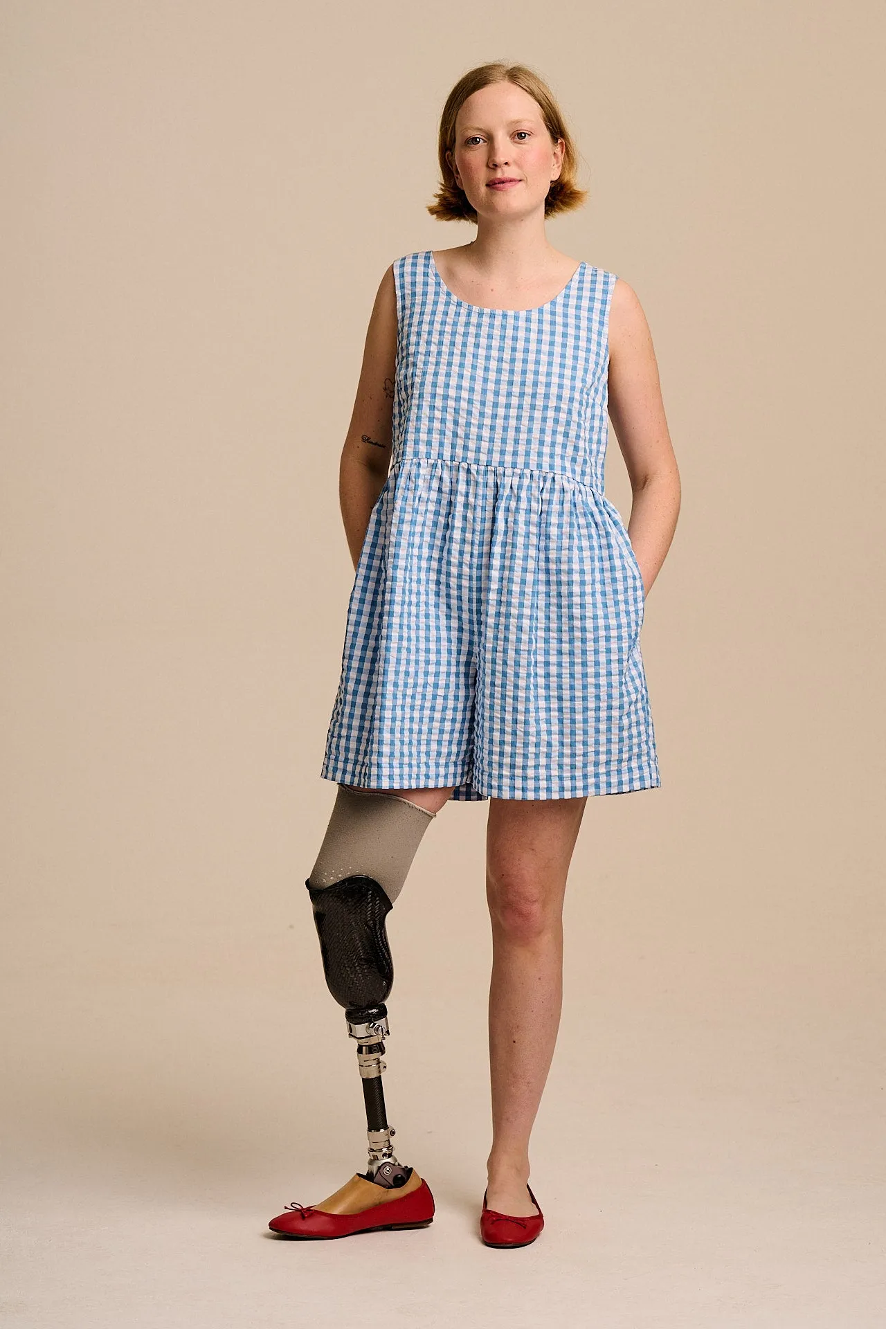 Alisa - Cotton Playsuit in Blue Gingham sold by Lucy & Yak