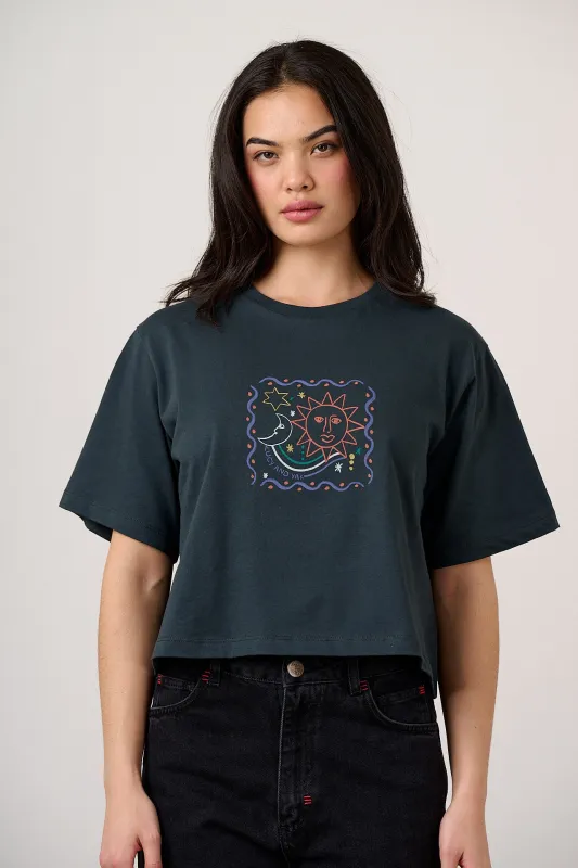 Zayla - Cropped Boxy T-Shirt in Black Cosmic Folk Print made by Lucy & Yak