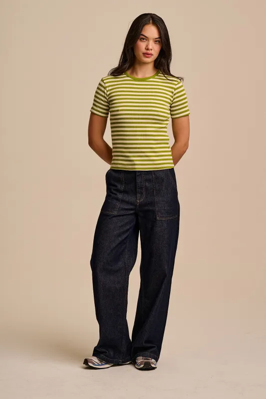 Gracie - Cotton T-Shirt in Green & Ecru Stripe made by Lucy & Yak