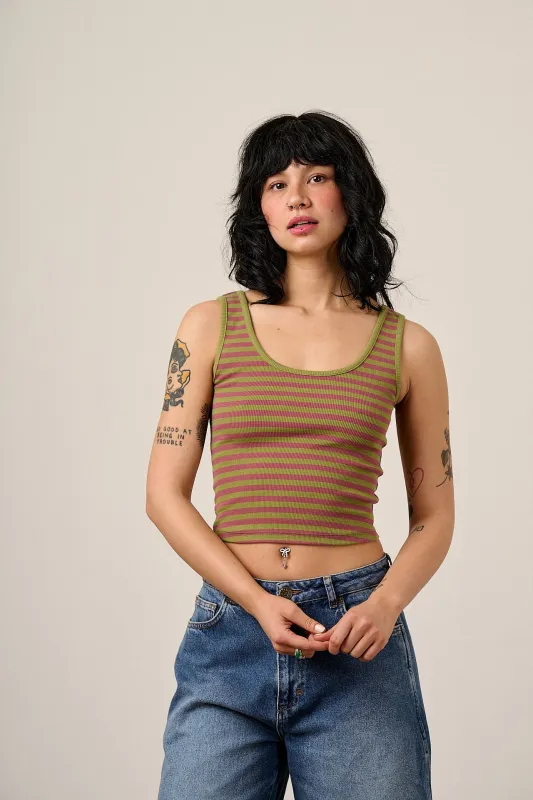 Eden - Cotton Ribbed Vest in Green & Red Stripe made by Lucy & Yak