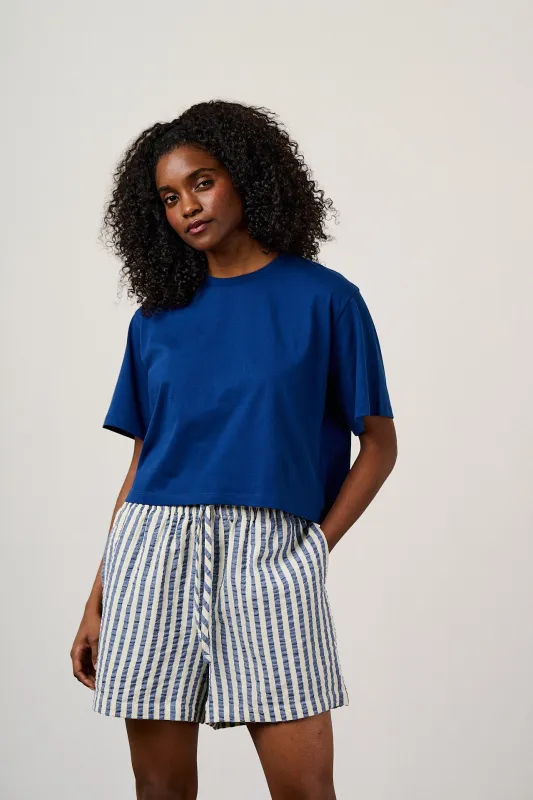 Zayla - Cotton Cropped Boxy T-Shirt in Blue made by Lucy & Yak
