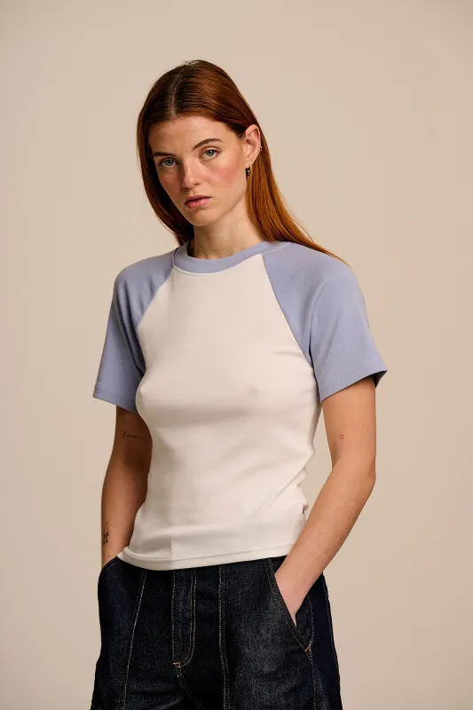 Azra - Short Sleeve Raglan Top Organic Cotton Blend in White & Blue made by Lucy & Yak