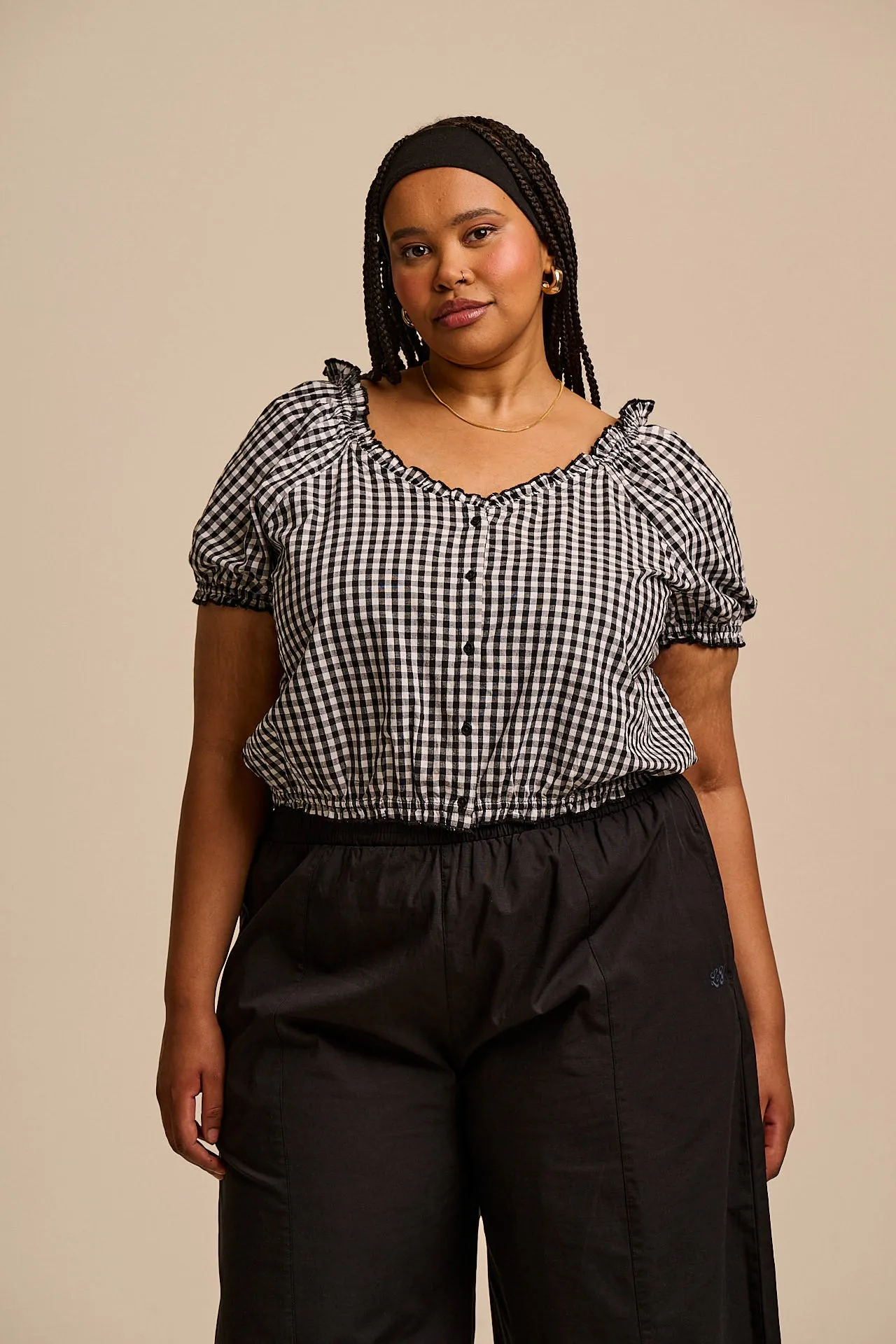 Sage - Cotton Puff Sleeve Blouse in Black & White Gingham sold by Lucy & Yak