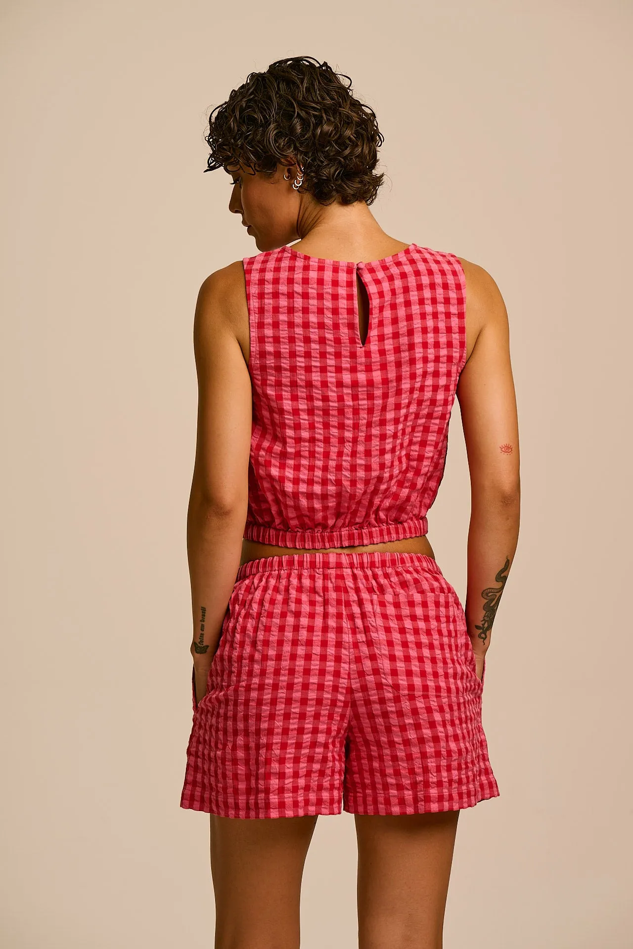 Lumi - Cotton Cropped Woven Top in Pink & Red Check sold by Lucy & Yak product image thumbnail 4