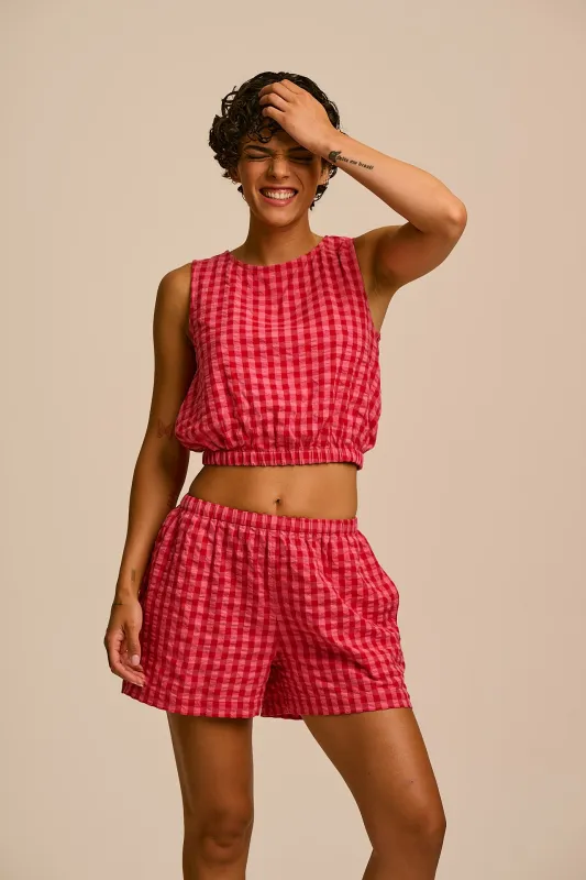 Lumi - Cotton Cropped Woven Top in Pink & Red Check made by Lucy & Yak