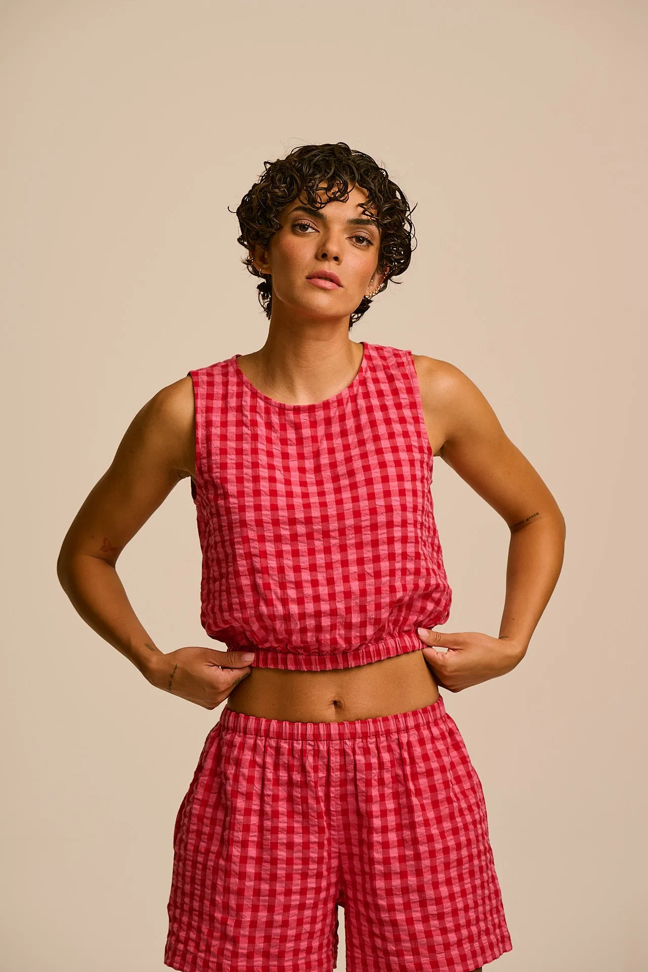 Lumi - Cotton Cropped Woven Top in Pink & Red Check sold by Lucy & Yak product image thumbnail 2