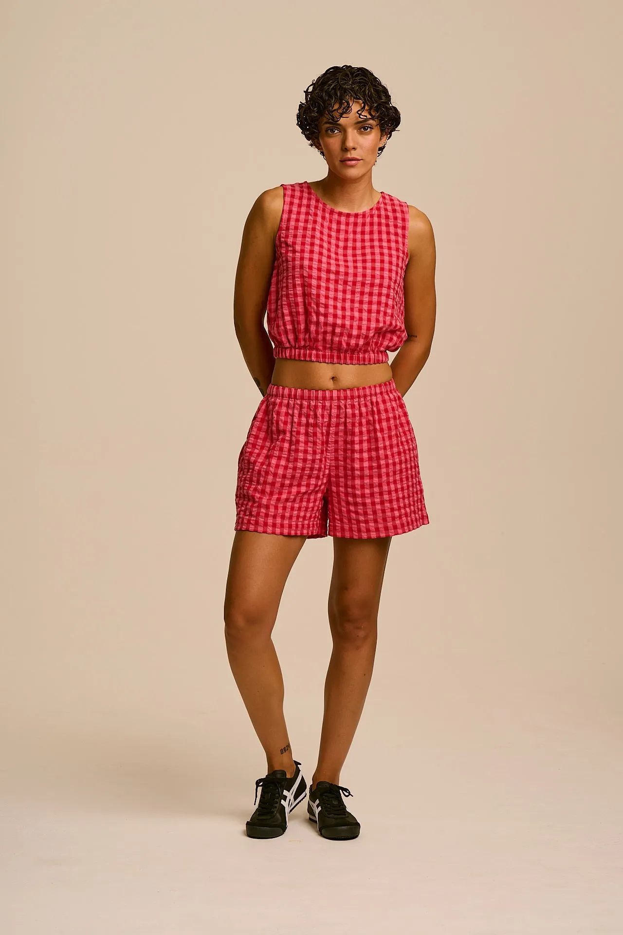 Lumi - Cotton Cropped Woven Top in Pink & Red Check sold by Lucy & Yak product image thumbnail 3