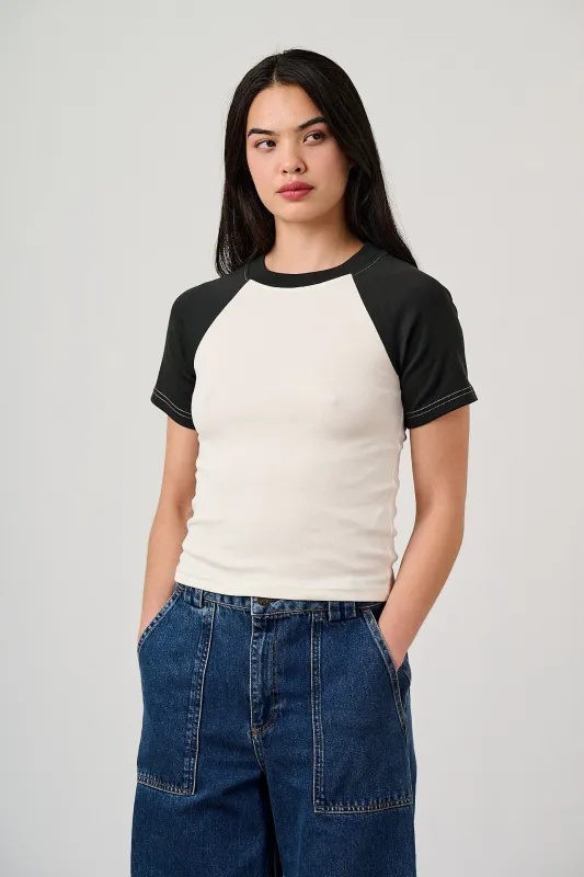 Azra - Short Sleeve Raglan Top Organic Cotton Blend in Black & Ecru made by Lucy & Yak