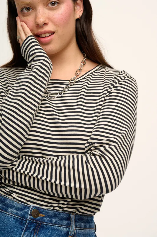 Rey - Long Sleeve Cotton Top in Black & White Stripe sold by Lucy & Yak