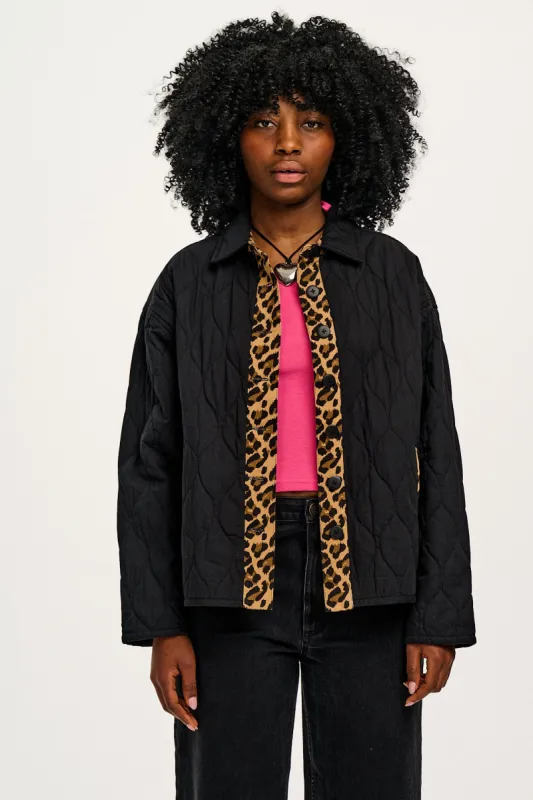 Sylvie - Quilted Cotton Jacket in Black Leopard Print sold by Lucy & Yak