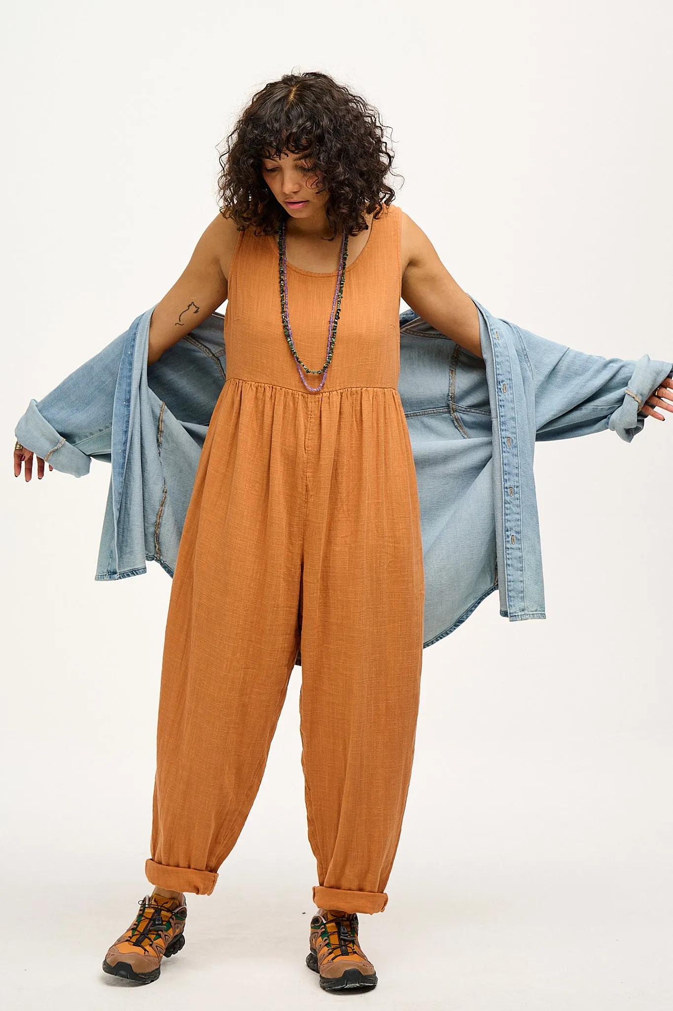 Bowie - Sleeveless Cotton Jumpsuit in Terracotta sold by Lucy & Yak