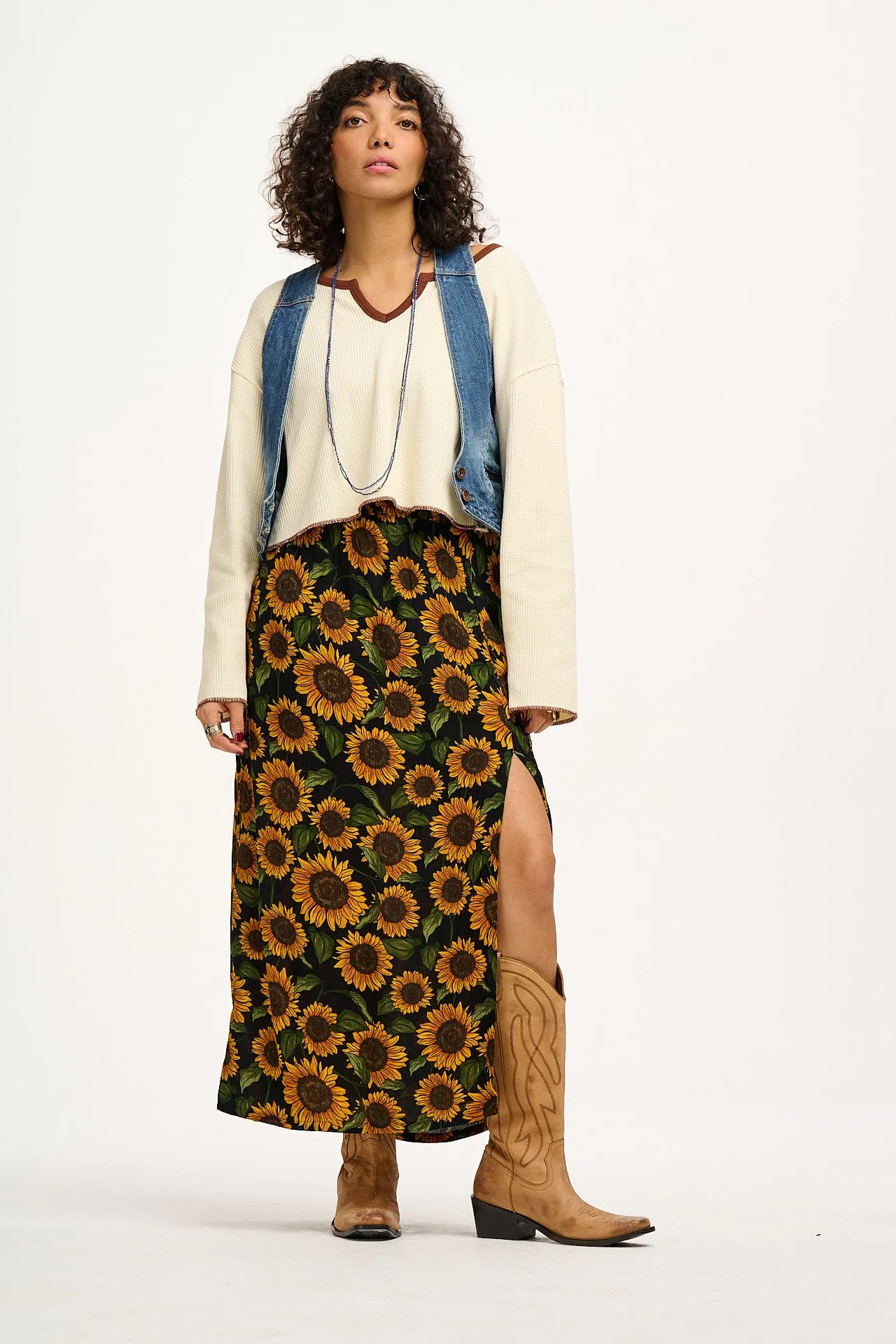 Poppy - Elasticated Waist Skirt in Sunflowers Print sold by Lucy & Yak product image thumbnail 4