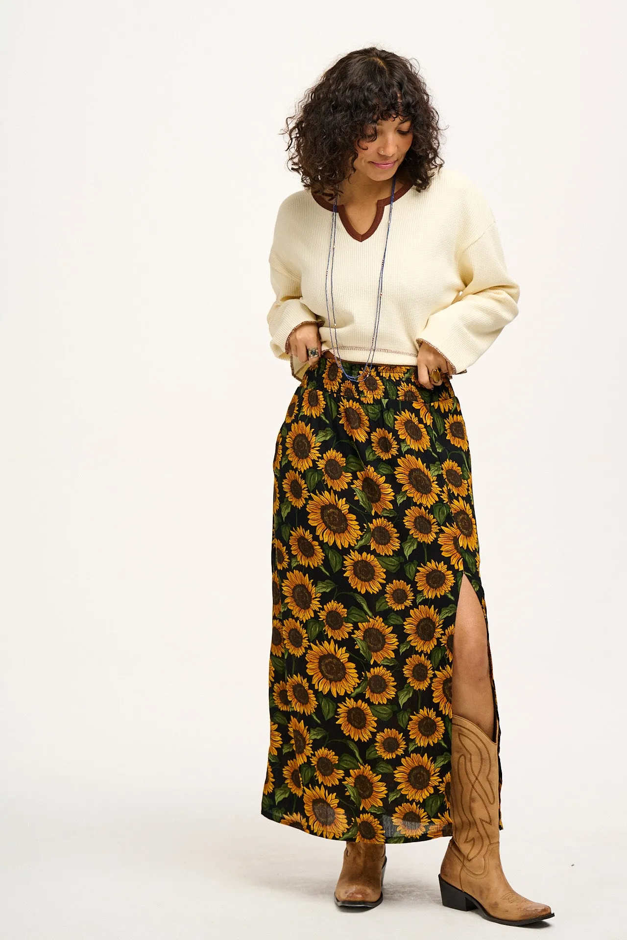 Poppy - Elasticated Waist Skirt in Sunflowers Print sold by Lucy & Yak