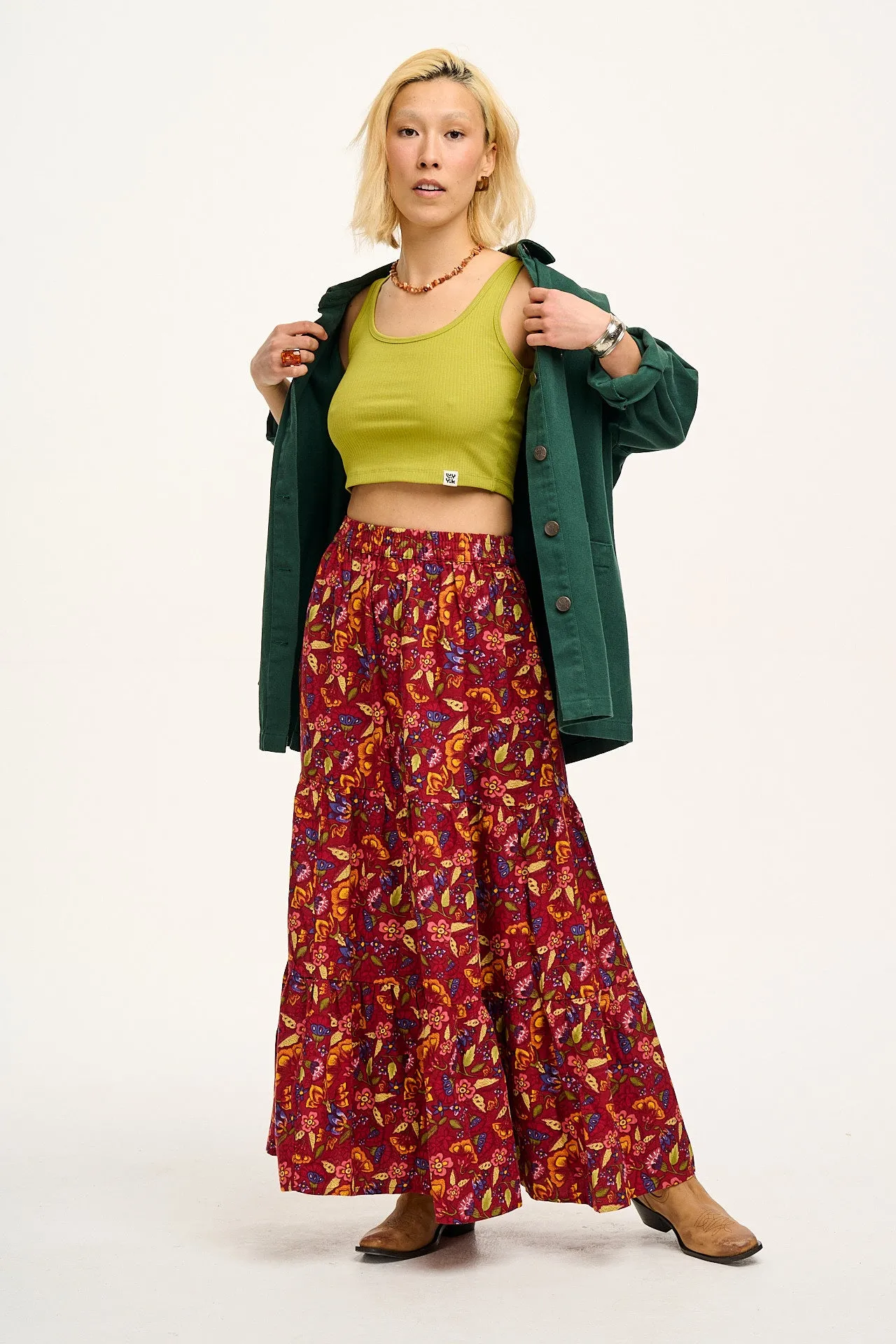 Brie Maxi Skirt: TENCEL™ Lyocell - Burgundy Blooms sold by Lucy & Yak