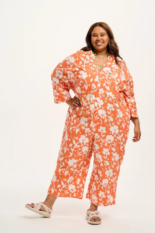 Fran - Oversized Cotton Jumpsuit in Coral Bloom Print sold by Lucy & Yak