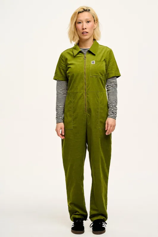 Rex - Short Sleeve Needlecord Jumpsuit in Guacamole Green sold by Lucy & Yak