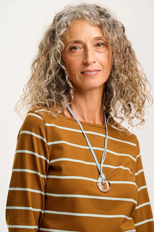 Rey - Long Sleeve Cotton Top in Caramel Stripe sold by Lucy & Yak