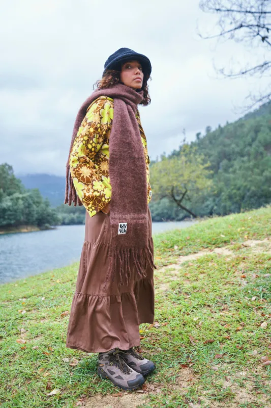 Rowan - Super Soft Scarf in Brown with Pink Stripe sold by Lucy & Yak