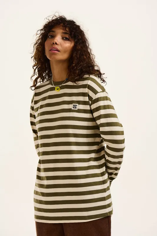 Kenny - Long Sleeve Skater Cotton T-Shirt in Green & Ecru Stripe sold by Lucy & Yak