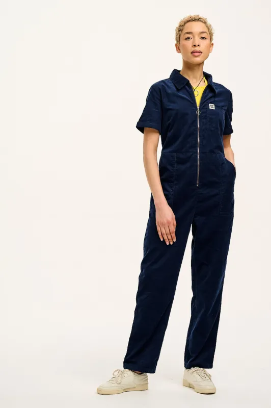 Rex - Short Sleeve Corduroy Jumpsuit in Navy Blue sold by Lucy & Yak