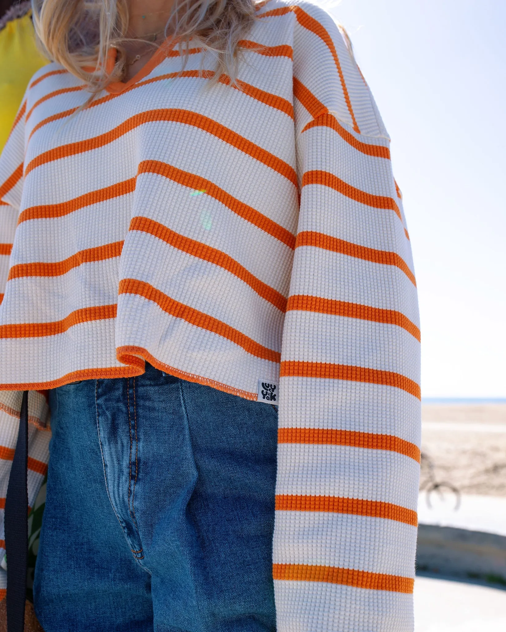 Roberta Long Sleeve Tee: WAFFLE FABRIC - Orange & Ecru Stripe sold by Lucy & Yak product image thumbnail 3